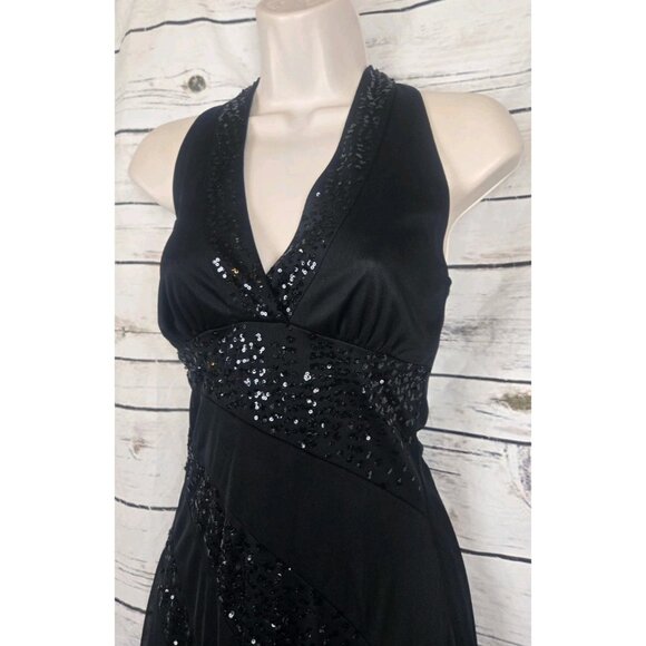 Vintage Y2K Rampage Black Halter Dress S Sequins 90's Chiffon  Asymmetrical - Picture 3 of 7
